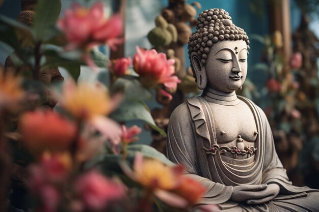 Statua serena di Buddha adornata da fiori in fiore