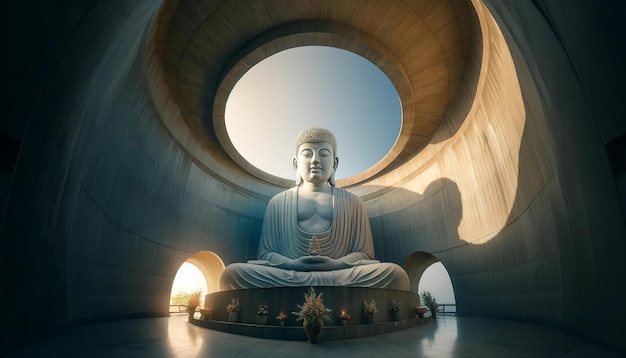 Statua serena di Buddha nel santuario circolare illuminato dal sole