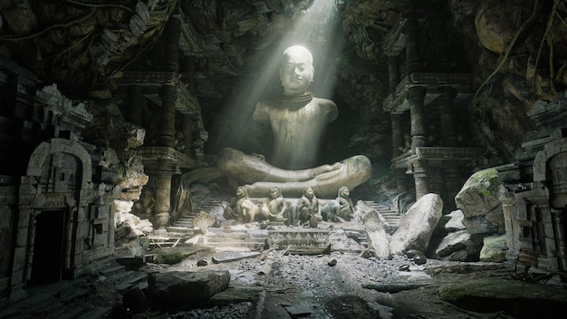 Statue antiche con raggio di luce nel rendering 3d della grotta