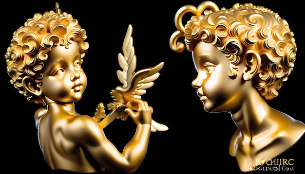 Statue d'oro di cherubini con intricati riccioli che si affrontano a vicenda con una piuma isolata su uno sfondo nero
