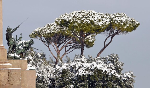 Statue del risorgimento italiano al gianicolo dopo la nevicata a roma