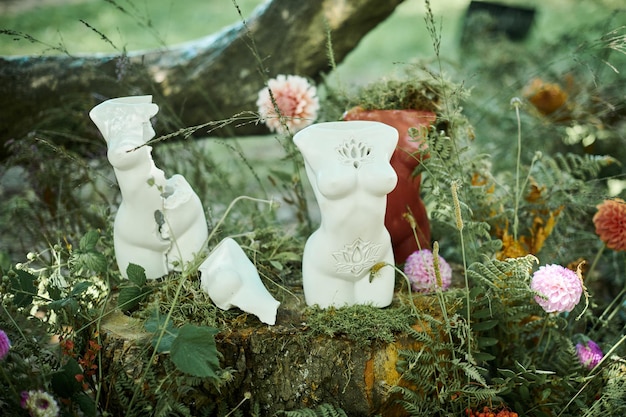 Statue femminili oggetti d'arte su sfondo foresta verde all'aperto bellezza del corpo femminile e della natura