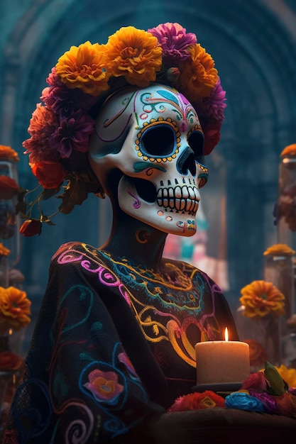 Statuetta colorata di Catrina che adorna un altare del Giorno dei Morti IA generativa