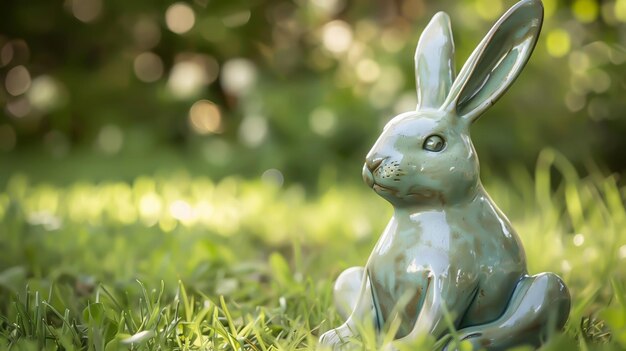 Statuetta di un coniglio di ceramica nel giardino