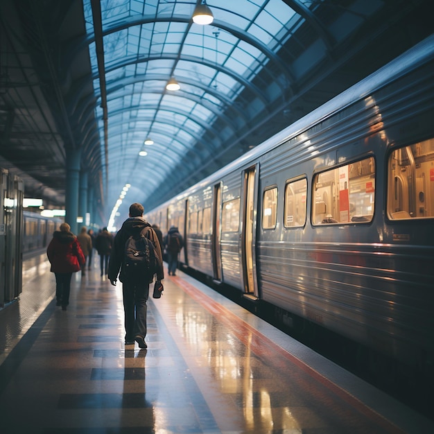 Stazione della metropolitana con passeggeri sulla piattaformaStazione della metropolitana sotterranea con metro in arrivo Pubblico