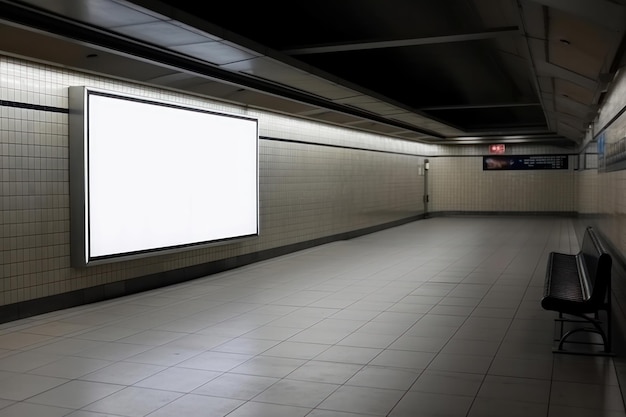 Stazione della metropolitana cupa e suggestiva con uno schermo TV solitario o un modello di lavagna sul muro