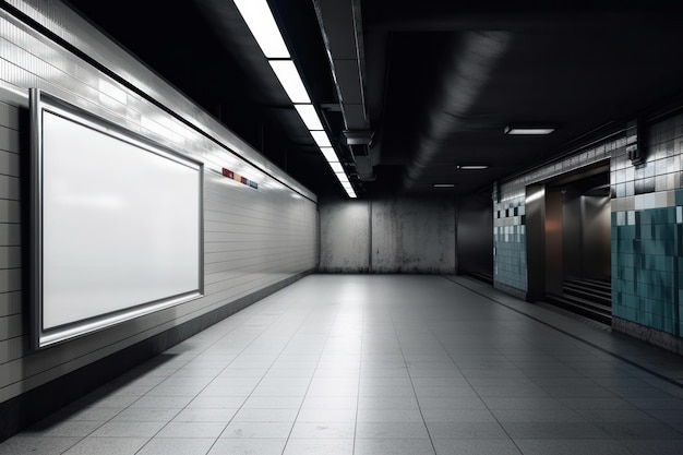 Stazione della metropolitana cupo e atmosferico con uno schermo TV solitario o un modello di tavolo sul muro