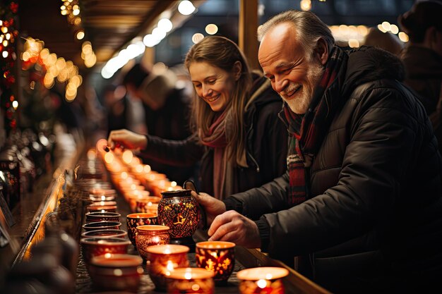 Stazione di cioccolato in un agitato mercatino di Natale IA generativa