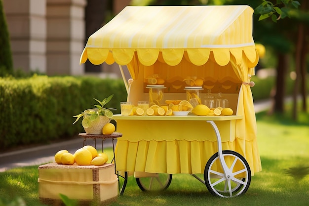 Stazione di limonata con una bicicletta retro e casse di limoni