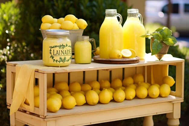 Stazione di limonata con una bicicletta retro e casse di limoni