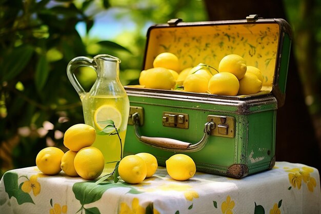 Stazione di limonata con una bicicletta retro e casse di limoni