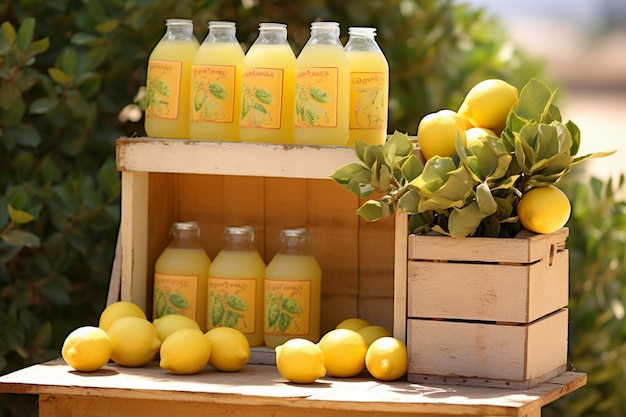 Stazione di limonata con una bicicletta retro e casse di limoni