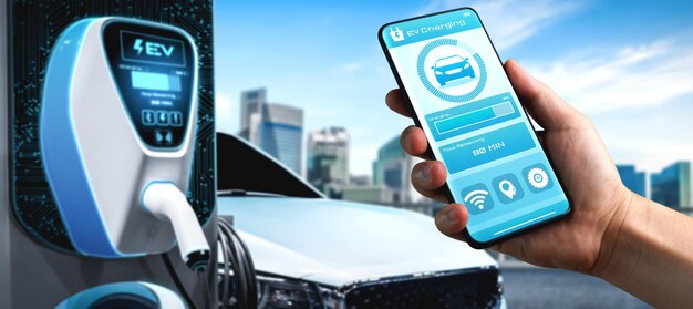 Stazione di ricarica EV per auto elettrica con stato del caricatore di visualizzazione dell'app mobile