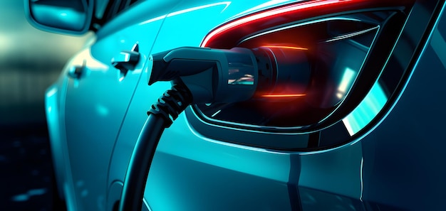 Stazione di ricarica EV per auto elettriche di colore blu-verde nel concetto di energia verde ed eco-energia