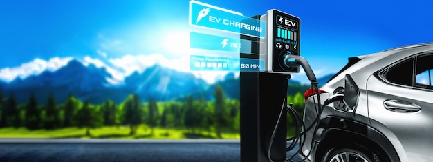 Stazione di ricarica EV per auto elettriche nel concetto di energia verde alternativa