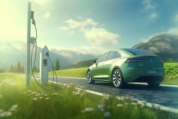 Stazione di ricarica EV per auto elettriche nel concetto di energia verde prodotta da fonti sostenibili