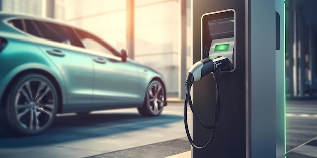 Stazione di ricarica per auto elettriche nel concetto di energia verde prodotta da fonti sostenibili