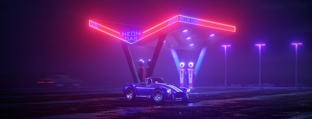 Stazione di servizio al neon e auto retrò Auto cyberpunk vintage Pioggia di nebbia