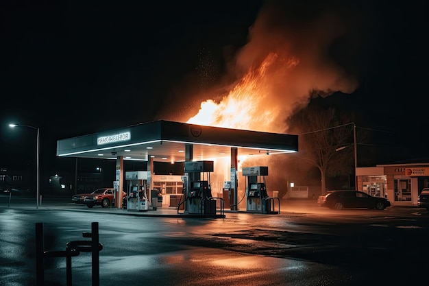 Stazione di servizio in fiamme con le fiamme che avvolgono le pompe e mandano pennacchi di fumo nell'aria IA generativa