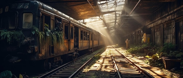 stazione ferroviaria Paesaggio post-apocalittico ferrovie abbandonate isolate raggi di luce della piattaforma di New York