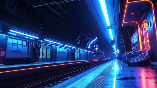 Stazione ferroviaria urbana illuminata con luci al neon con un tocco futuristico