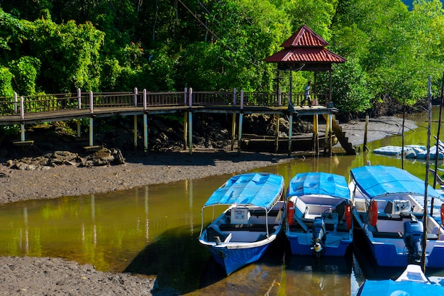 Stazione marittima asiatica per piccole imbarcazioni turistiche. Escursioni in barca sul fiume.