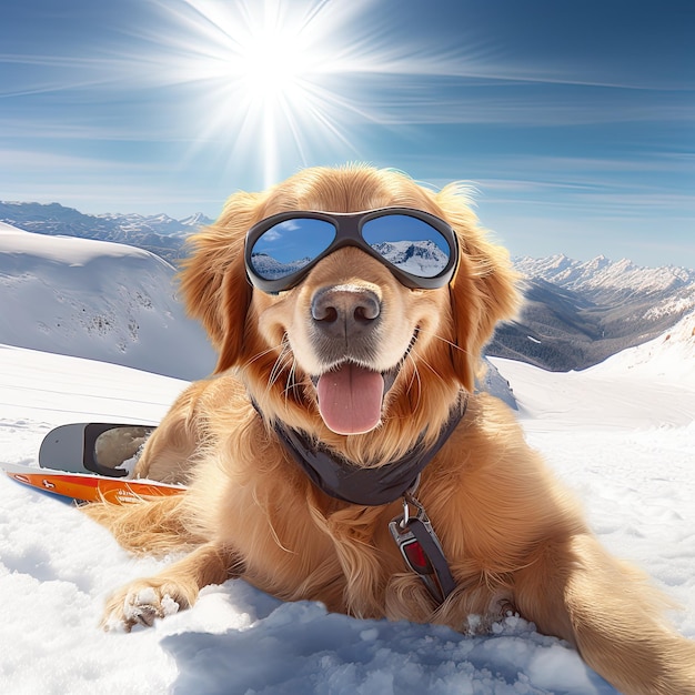 Stazione sciistica invernale Cane Golden Retriever che riposa nella neve in una giornata di sole