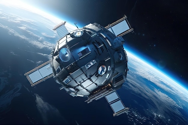 Stazione spaziale futuristica con tecnologia avanzata e design elegante in orbita attorno alla terra