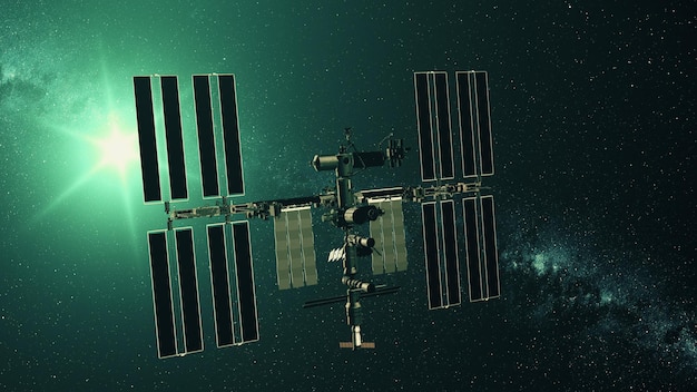 Stazione spaziale internazionale che carica il piatto della batteria solare a destra di un iss realistico con la stella dell'array