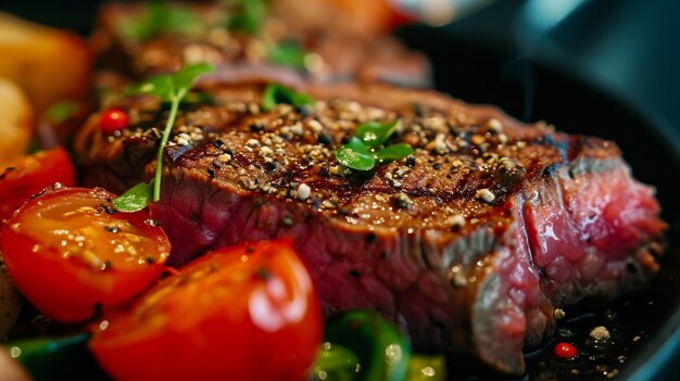 Steak Gericht da vicino in una vecchia tavola di legno rustica Generative Ai