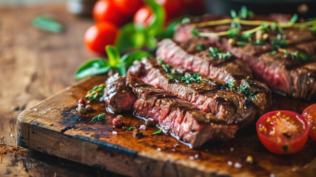 Steak Platter sullo sfondo di un vivace mercato agricolo