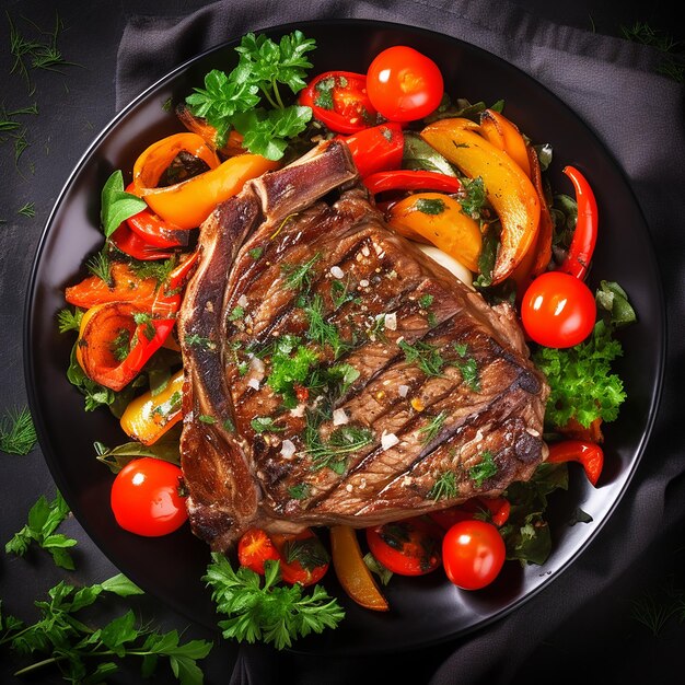 Steakhouse Elegance Tbone Steak con verdi Bell Pepper Tomato carota Indulgenza culinaria