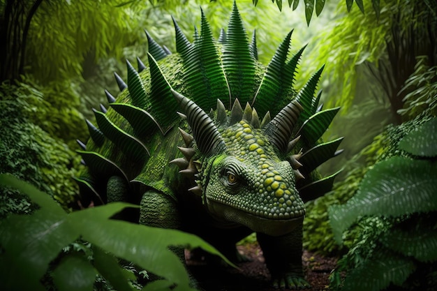 Stegosauro che entra nella lussureggiante giungla con il suo corpo ricoperto di fogliame verde creato con l'IA generativa