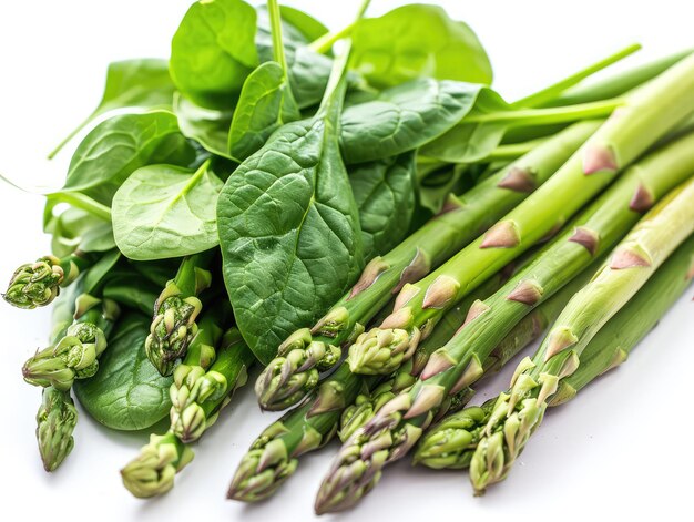 Steli di asparagi e foglie di spinaci su uno sfondo bianco Asparagi freschi e giovani di giardino