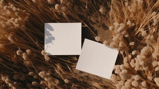 Steli di erba secca su sfondo scuro con fogli di carta bianchi per il marchio aziendale Flat lay top view Mockup image