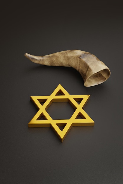 Stella di David e shofar su sfondo scuro Illustrazione 3d del concetto di Yom kippur