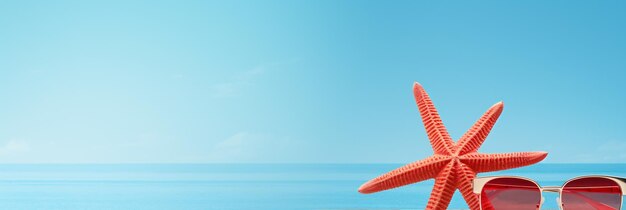 Stella di mare rossa con occhiali da sole e foglia di palma sulla spiaggia