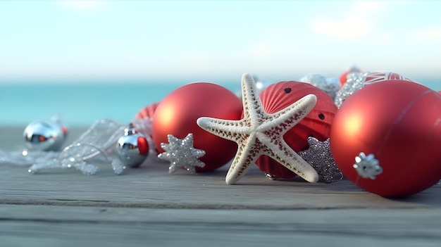 stella marina e palla di Natale sulla spiaggia