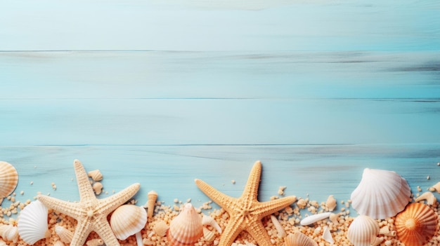 Stelle di mare esotiche e conchiglie su uno sfondo di legno Vacanze al mare estive Spazio di copia da cima piatto
