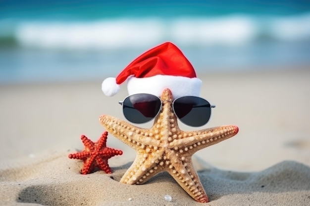 Stelle di mare nel cappello di Babbo Natale sulla sabbia tropicale