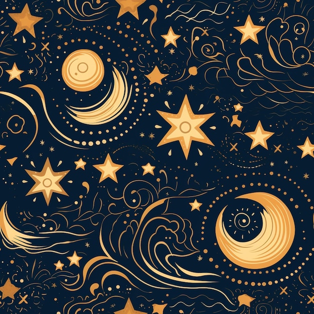 stelle e luna sfondo senza cuciture con stelle dorate e vortici generativi ai