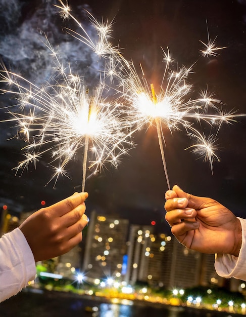 stelle filanti luminose nelle mani in una città sullo sfondo