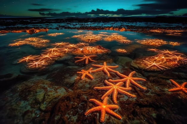 Stelle marine incandescenti sulla spiaggia di notte IA generativa