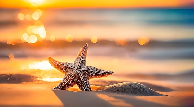 Stelle marine sulla spiaggia di sabbia durante il tramonto per lo sfondo estivo