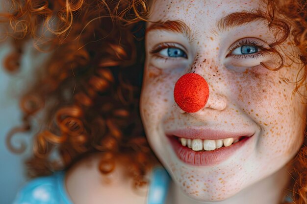 Stendardo del primo aprile, clown divertente, artista del circo, ragazza dai capelli rossi ricci con il naso di clown.