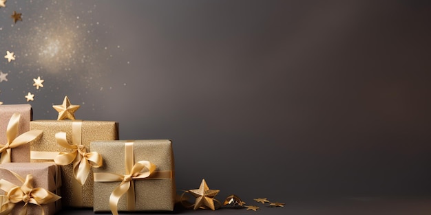 Stendardo di Capodanno con scatole di regali di Natale e decorazioni d'oro