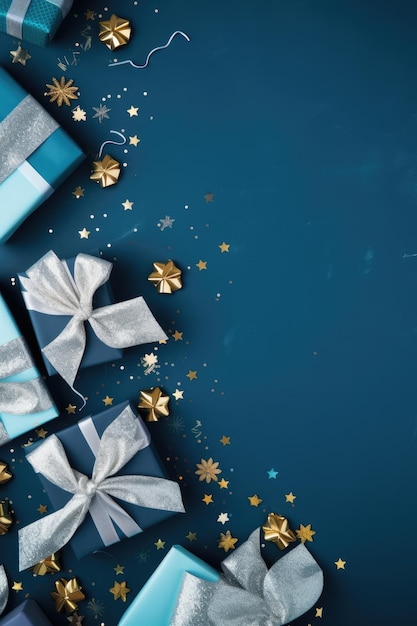 Stendardo di Capodanno con scatole regalo di Natale nastri decorazioni di Natale sfondo pastello design di Natale Generative ai