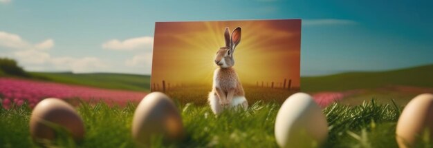 Stendardo di celebrazione delle vacanze con un carino coniglietto di Pasqua con uova decorate e fiori primaverili sul verde prato primaverile Coniglio nel paesaggio Felice biglietto di auguri di Pasqua stendardo di sfondo festivoCopia spazio