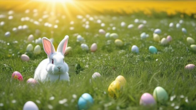 Stendardo di celebrazione delle vacanze con un carino coniglietto di Pasqua con uova decorate e fiori primaverili sul verde prato primaverile Coniglio nel paesaggio Felice biglietto di auguri di Pasqua stendardo di sfondo festivoCopia spazio
