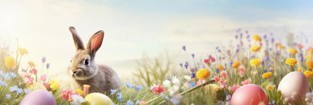 Stendardo di celebrazione delle vacanze con un carino coniglietto di Pasqua con uova decorate e fiori primaverili sul verde prato primaverile Coniglio nel paesaggio Felice biglietto di auguri di Pasqua stendardo di sfondo festivoCopia spazio